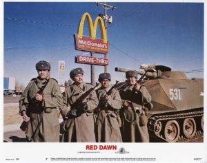Communist soldiers sitting outside McDonalds