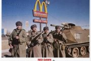 Communist soldiers sitting outside McDonalds